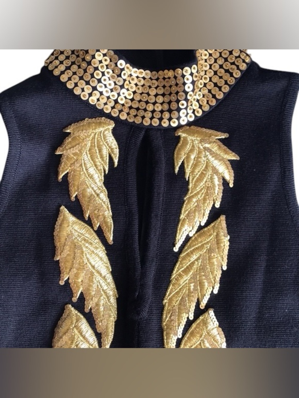 Bob Mackie Grecian Appliqué Sequin Leaf Choker Keyhole Cocktail Maxi Dres - Picture 10 of 13